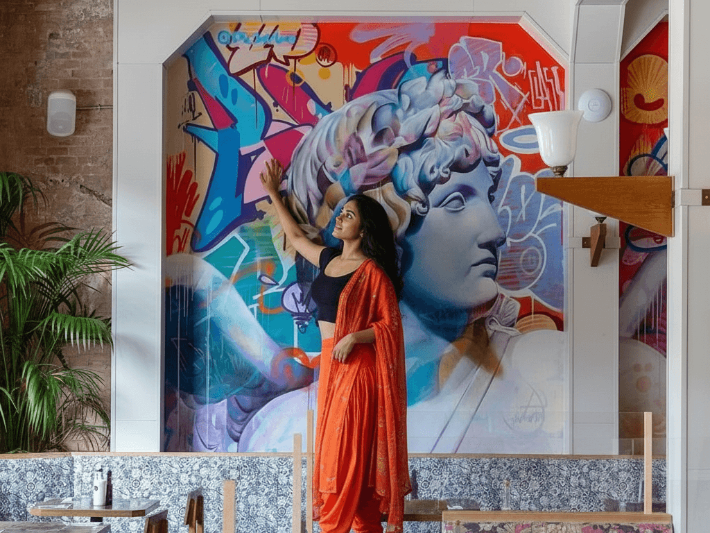Artistic wall painting enhancing restaurant interior in Kolkata