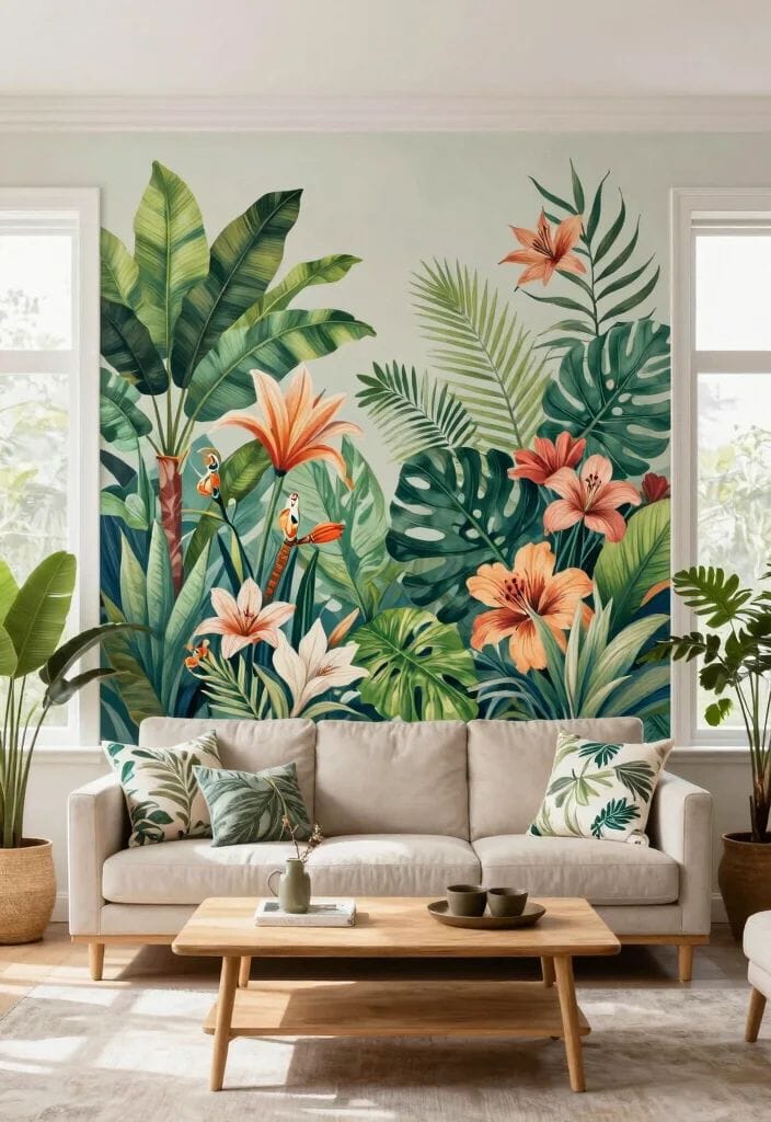 tropical botanical living room wall mural ideas for small spaces with green leaves and flowers behind sofa