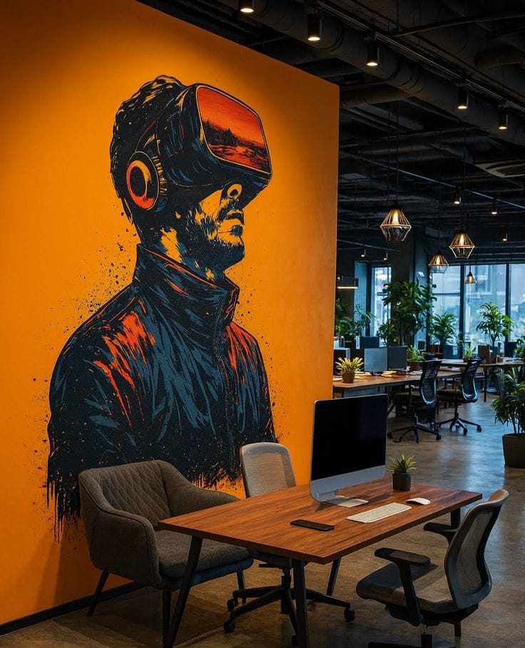 A vibrant orange accent wall in a modern office featuring a large, stylized graphic of a man wearing a VR headset, positioned behind a wooden desk with a computer.