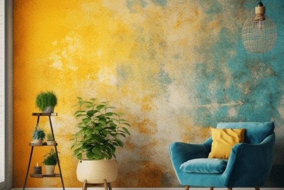 Textured yellow and blue wall art paint effect with modern chair and indoor plant in a stylish living room