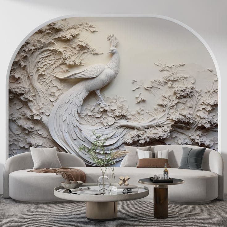 Elegant peacock relief wall mural with sculpted texture in a modern luxury living room
