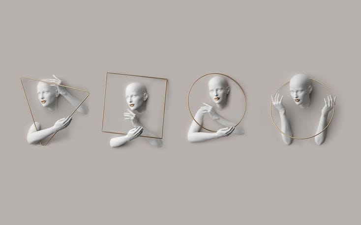 Modern 3D wall mural sculpture with female figures emerging from geometric frames for contemporary interior design