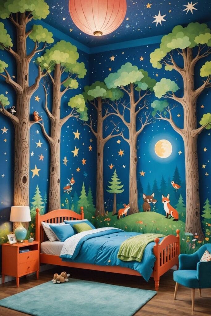 Kids room mural painting design blended with relief mural trees